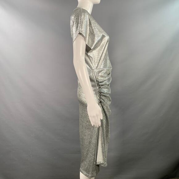 PACO RABANNE 4 Silver Viscose Blend Cap Sleeves Asymmetrical Midi Cocktail Dress - Picture 2 of 6
